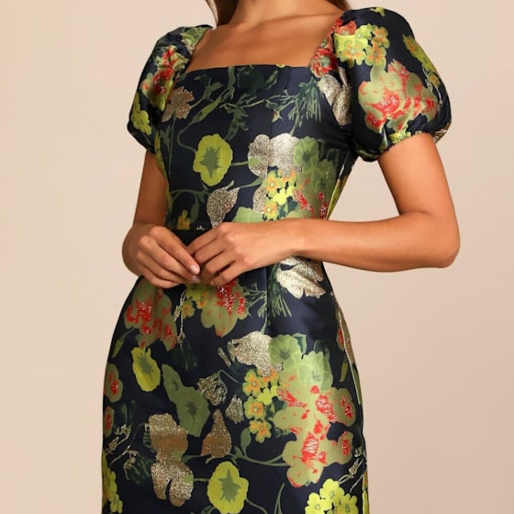 Lulus So Stunning Navy Blue Floral Jacquard Puff Sleeve Mini Dress - Size M